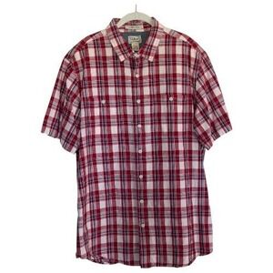 LL Bean XL Tall‎ Red Plaid Short Slve Button Down Shirt Casual Fitted Cabin Core